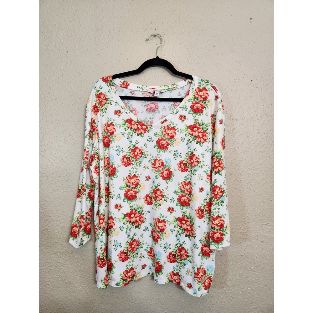 The Pioneer Woman Size XXL White Red Floral V-Neck 3/4 Sleeve Top Stretch Tunic